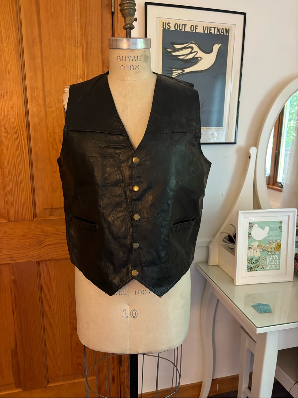 Men's Black Leather Button-Front Vest